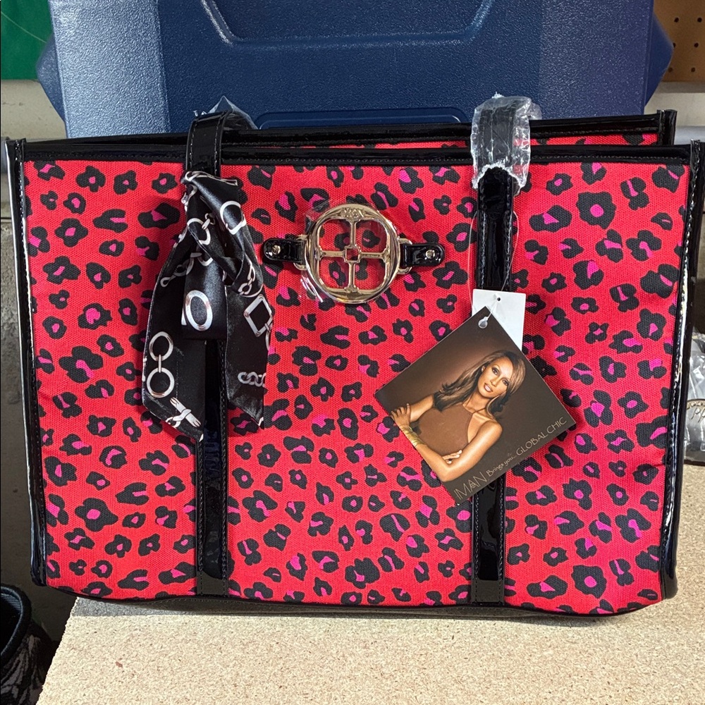 IMAN Red and Black Leopard Print Tote